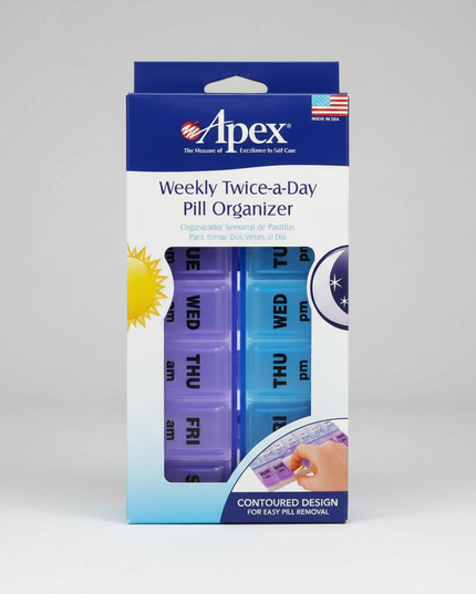 The Apex Weekly Twice-A-Day Pill Organizer is a convenient medication management system designed to help organize and track medications, vitamins, and supplements for an entire week. Featuring separate AM and PM compartments for each day, this organizer helps simplify medication schedules and improve adherence to daily routines. The clearly labeled compartments and easy-open lids make it ideal for home use, travel, and caregivers managing multiple medications.