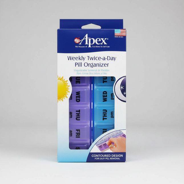 The Apex Weekly Twice-A-Day Pill Organizer is a convenient medication management system designed to help organize and track medications, vitamins, and supplements for an entire week. Featuring separate AM and PM compartments for each day, this organizer helps simplify medication schedules and improve adherence to daily routines. The clearly labeled compartments and easy-open lids make it ideal for home use, travel, and caregivers managing multiple medications.
