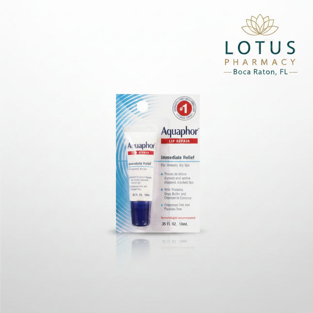 Aquaphor Immediate Relief Lip Repair Balm is a moisturizing lip treatment specifically formulated to provide immediate relief for dry, chapped, and cracked lips. The nourishing formula helps seal in moisture, restore softness, and protect sensitive lips from dryness caused by weather, dehydration, and environmental stressors. It is fragrance-free, preservative-free, and suitable for sensitive lips.