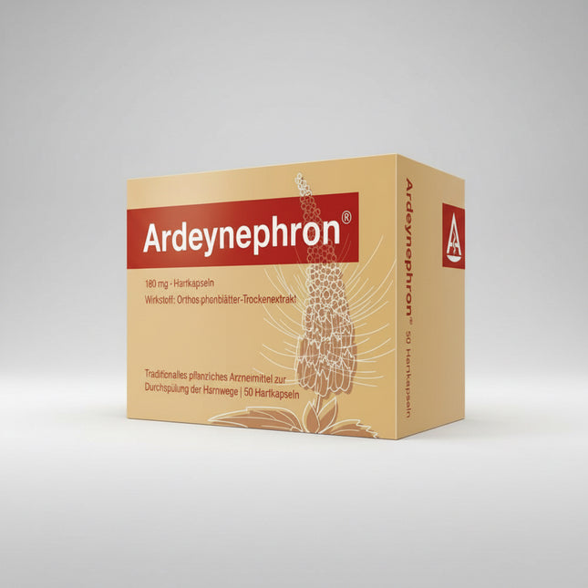 Ardeynephron® 180 mg contains Orthosiphon (Orthosiphon stamineus) leaf dry extract, a medicinal herb traditionally used to promote urinary tract flushing by increasing urine flow. It is intended for adults experiencing mild urinary discomfort and is commonly used as part of traditional herbal therapy to support normal urinary tract function.