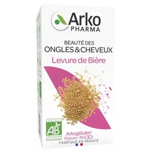 Box of Arkogélèules with beer yeast and Arko Pharma branding on a white background