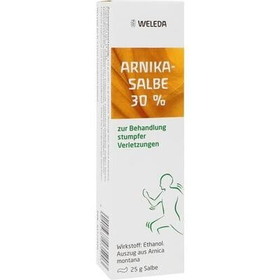 Arnika Salbe 30% is an anthroposophic herbal medicinal ointment containing a concentrated 30% extract of Arnica montana (whole plant). It is traditionally used to relieve bruises, sprains, strains, contusions, hematomas, and other blunt injuries by supporting the body's natural healing process and improving local circulation. The ointment helps reduce pain, swelling, and discoloration following minor trauma and sports injuries.