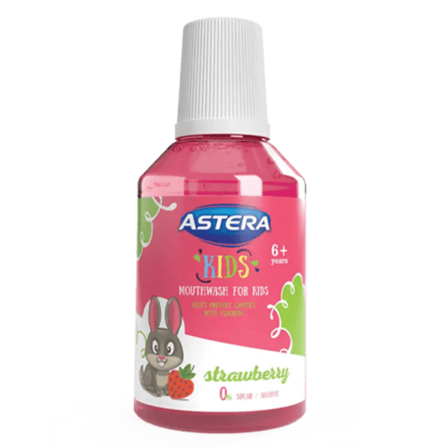 Pink bottle of Astera Kids Mouthwash for Kids with strawberry flavor on a white background