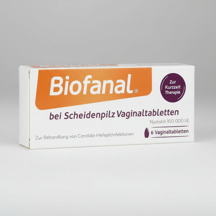 BIOFANAL® vaginal tablets are an antifungal (antimycotic) medicine used for the treatment of vaginal yeast infections (vulvovaginal candidiasis).
They act locally in the vagina to eliminate yeast fungi such as Candida albicans, helping relieve symptoms like itching, burning, and discharge.