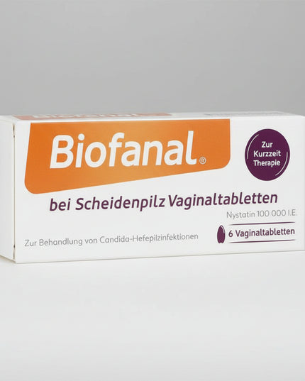 BIOFANAL® vaginal tablets are an antifungal (antimycotic) medicine used for the treatment of vaginal yeast infections (vulvovaginal candidiasis).
They act locally in the vagina to eliminate yeast fungi such as Candida albicans, helping relieve symptoms like itching, burning, and discharge.