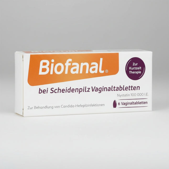 BIOFANAL® vaginal tablets are an antifungal (antimycotic) medicine used for the treatment of vaginal yeast infections (vulvovaginal candidiasis).
They act locally in the vagina to eliminate yeast fungi such as Candida albicans, helping relieve symptoms like itching, burning, and discharge.
