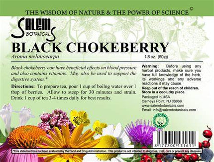 Salem Botanicals Black Chokeberry label with herbal imagery and text.