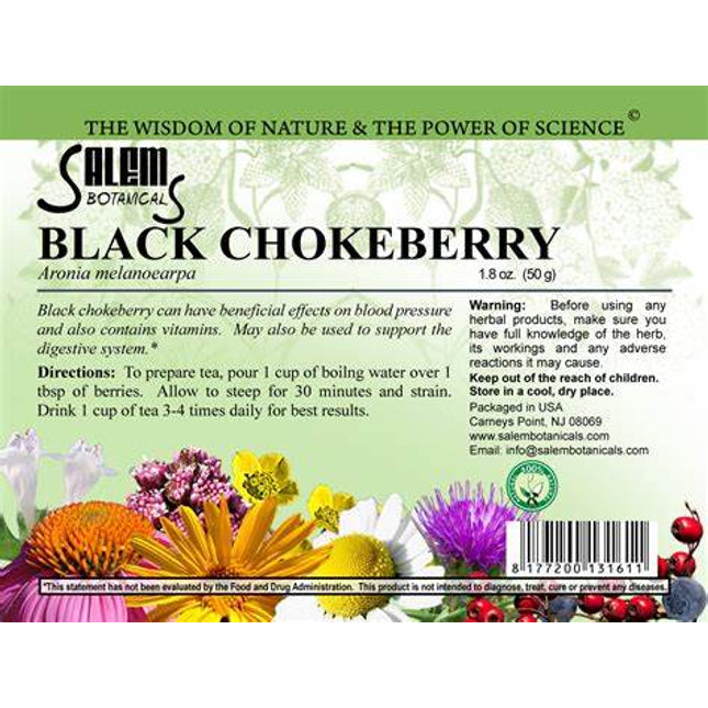 Salem Botanicals Black Chokeberry label with herbal imagery and text.