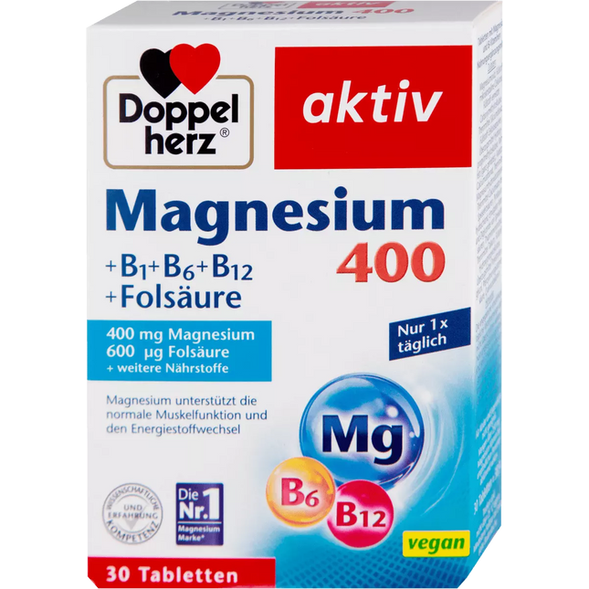 Doppelherz Magnesium supplement packaging with vitamins B1, B6, and B12 on a white background