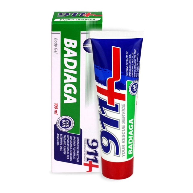 A tube of BADIAGA 911+ GEL alongside its packaging box. The box is predominantly green and white with red accents, while the gel tube features a red and blue design with white text.