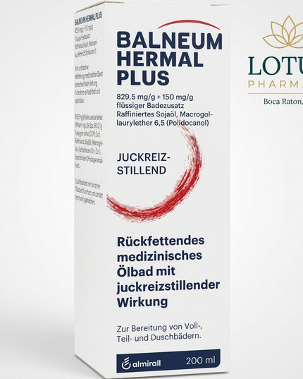 Balneum Hermal Plus is a German medicated bath oil formulated for dry, scaly, itchy, and sensitive skin. It combines refined soybean oil with polidocanol (macrogol lauryl ether 6.5) to help replenish skin lipids, reduce dryness, and soothe itching.