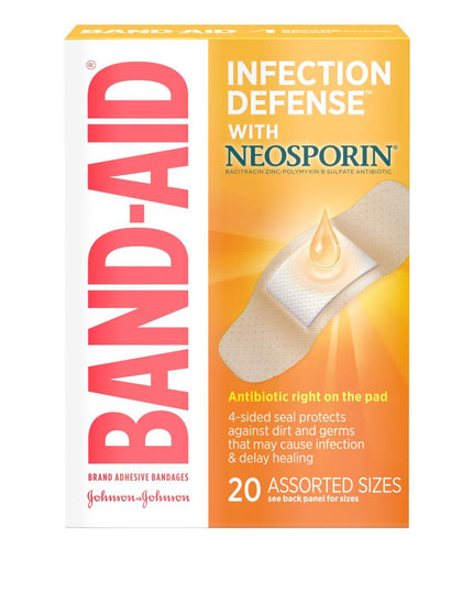 Band Aid, Band-Aid, Infection Defense, Neosporin Bandages, Antibiotic Bandages, First Aid Antibiotic, Wound Care, Adhesive Bandages, Infection Prevention, Minor Cuts, Scrapes, Abrasions, Minor Burns, Sterile Bandages, Neomycin Sulfate, Bacitracin Zinc, Polymyxin B Sulfate, First Aid Supplies, Family First Aid, Wound Protection, Банд Эйд, Неоспорин, Антибактериальный Пластырь, Пластырь С Антибиотиком, Первая Помощь, Уход За Ранами, Защита От Инфекции, Стерильный Пластырь, Порезы, Ссадины, Ожоги, Аптечка, Ban