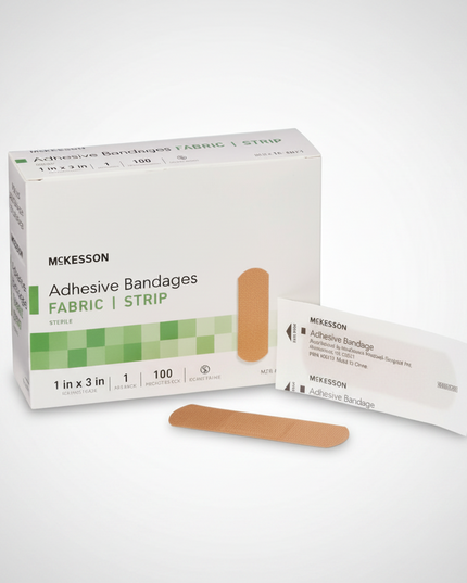 Tan Adhesive Strip Bandages are sterile, individually wrapped adhesive dressings designed to protect minor cuts, scrapes, abrasions, and puncture wounds. The flexible fabric construction conforms comfortably to body contours while providing reliable wound coverage. Each bandage features a non-adherent absorbent pad that cushions the wound without sticking to the injured area, helping support comfortable healing.