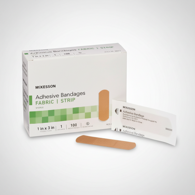 Tan Adhesive Strip Bandages are sterile, individually wrapped adhesive dressings designed to protect minor cuts, scrapes, abrasions, and puncture wounds. The flexible fabric construction conforms comfortably to body contours while providing reliable wound coverage. Each bandage features a non-adherent absorbent pad that cushions the wound without sticking to the injured area, helping support comfortable healing.
