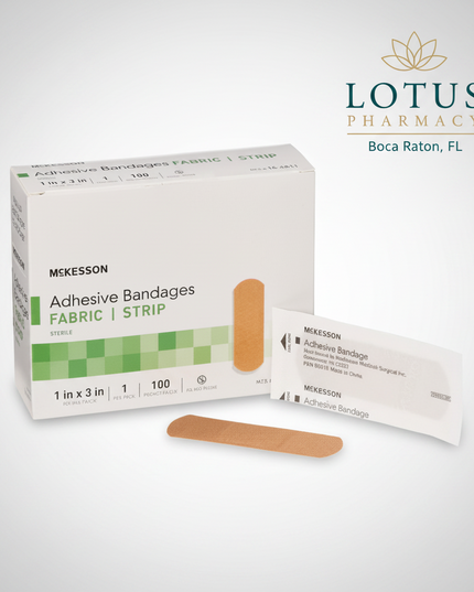 Tan Adhesive Strip Bandages are sterile, individually wrapped adhesive dressings designed to protect minor cuts, scrapes, abrasions, and puncture wounds. The flexible fabric construction conforms comfortably to body contours while providing reliable wound coverage. Each bandage features a non-adherent absorbent pad that cushions the wound without sticking to the injured area, helping support comfortable healing.