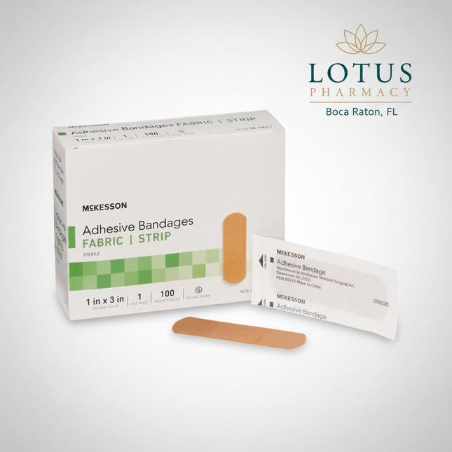 Tan Adhesive Strip Bandages are sterile, individually wrapped adhesive dressings designed to protect minor cuts, scrapes, abrasions, and puncture wounds. The flexible fabric construction conforms comfortably to body contours while providing reliable wound coverage. Each bandage features a non-adherent absorbent pad that cushions the wound without sticking to the injured area, helping support comfortable healing.