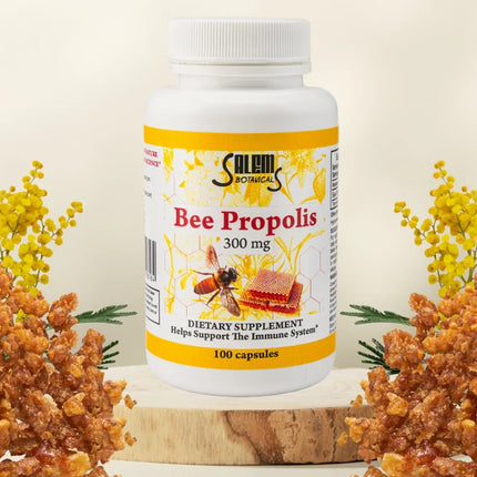 Bottle of Salem Botanical Bee Propolis supplement with honeycomb and bee illustration on a beige background.