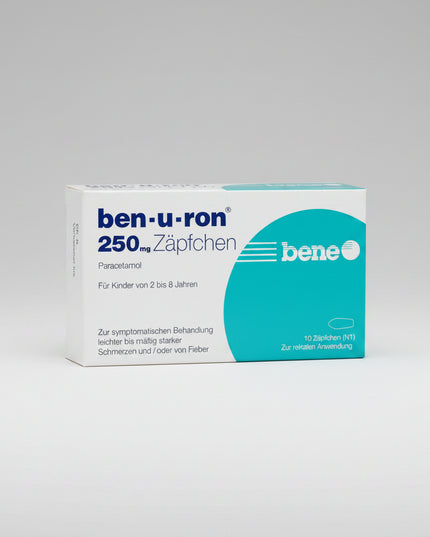 Ben-u-ron Suppositories contain paracetamol, a well-established pain reliever and fever reducer for infants and children. The rectal suppository form is a convenient alternative when oral medication cannot be taken, such as during nausea, vomiting, or difficulty swallowing. Ben-u-ron is commonly used for the temporary relief of fever and mild to moderate pain.