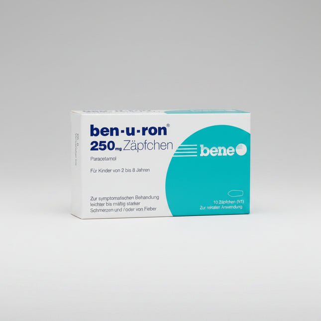 Ben-u-ron Suppositories contain paracetamol, a well-established pain reliever and fever reducer for infants and children. The rectal suppository form is a convenient alternative when oral medication cannot be taken, such as during nausea, vomiting, or difficulty swallowing. Ben-u-ron is commonly used for the temporary relief of fever and mild to moderate pain.