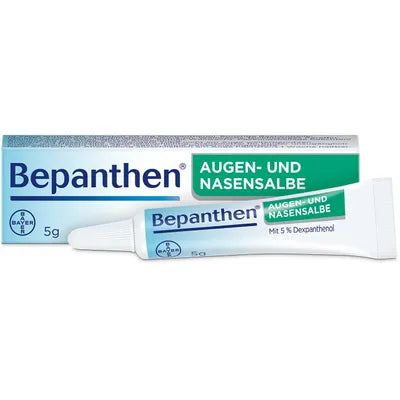 Bepanthen eye and nose balm tube on a white background