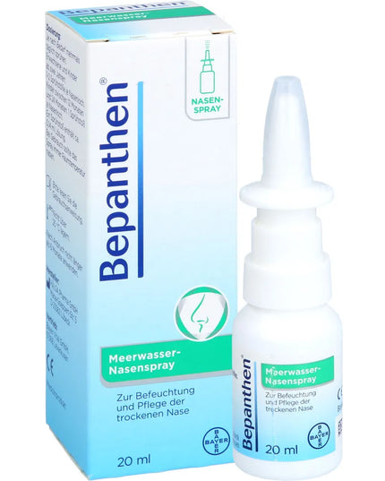 Bepanthen nasal spray bottle and packaging on a white background