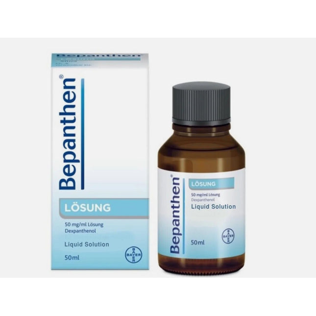 Bepanthen liquid solution bottle and packaging on a white background
