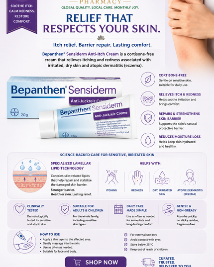Bepanthen® Sensiderm Anti-Itch Cream – 20 g | Cortisone-Free Relief for Itchy, Red & Irritated Skin