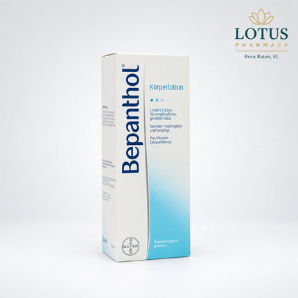 Bepanthol Körperlotion is a lightweight German body lotion developed for sensitive, irritated, and reddened skin. It contains dexpanthenol (provitamin B5) and is designed to moisturize, soothe, and support the skin’s natural protective barrier. The lotion absorbs quickly and is suitable for daily use after showering, bathing, swimming, sun exposure, or shaving.