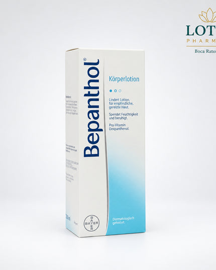 Bepanthol Körperlotion is a lightweight German body lotion developed for sensitive, irritated, and reddened skin. It contains dexpanthenol (provitamin B5) and is designed to moisturize, soothe, and support the skin’s natural protective barrier. The lotion absorbs quickly and is suitable for daily use after showering, bathing, swimming, sun exposure, or shaving.