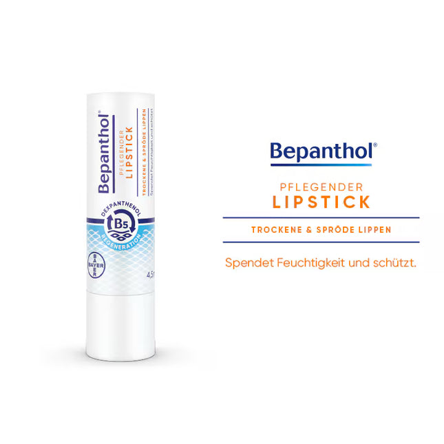 Bepanthol lip balm tube on a white background