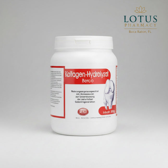 Berco Collagen Hydrolysate Powder (Kollagen Hydrolysat Berco Pulver) is a German dietary supplement made from 100% hydrolyzed porcine collagen. It provides a concentrated source of collagen protein and naturally occurring amino acids, including glycine, proline, hydroxyproline, and arginine.

The powder contains 90% protein and is designed to supplement daily protein intake. Protein contributes to the maintenance of normal bones and the maintenance and growth of muscle mass.