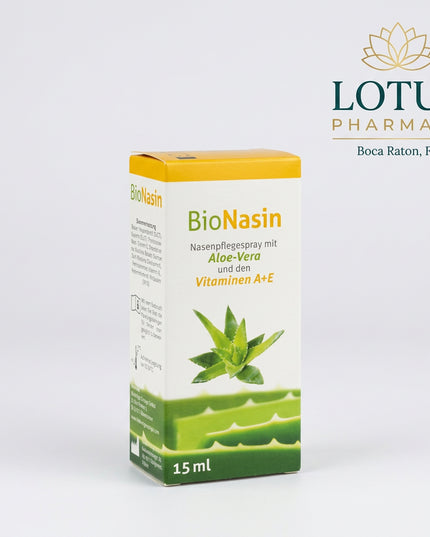BioNasin Nasal Care Spray is a German nasal moisturizing spray designed to support the care and regeneration of dry, irritated, inflamed, or damaged nasal mucosa. It combines aloe vera, vitamin A, vitamin E, and eucalyptus oil to help moisturize the nasal passages, soften crusts, and support the natural protective function of the nasal lining.