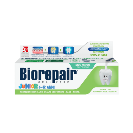 Biorepair® Junior 6–12 Years Toothpaste is a fluoride-free toothpaste specially developed for children aged 6 to 12 years, when permanent teeth are developing. It contains patented microRepair® technology, made from biomimetic hydroxyapatite crystals that closely resemble natural tooth enamel. These microRepair® particles help repair microscopic enamel defects, strengthen developing teeth, and protect against cavities and acid erosion, including wear caused by orthodontic appliances. Enriched with Vitamin E