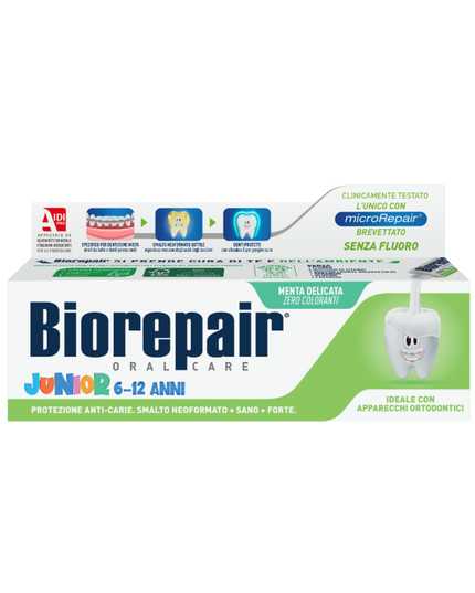 Biorepair® Junior 6–12 Years Toothpaste is a fluoride-free toothpaste specially developed for children aged 6 to 12 years, when permanent teeth are developing. It contains patented microRepair® technology, made from biomimetic hydroxyapatite crystals that closely resemble natural tooth enamel. These microRepair® particles help repair microscopic enamel defects, strengthen developing teeth, and protect against cavities and acid erosion, including wear caused by orthodontic appliances. Enriched with Vitamin E