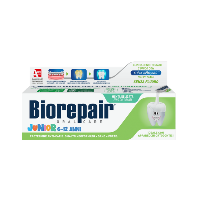 Biorepair® Junior 6–12 Years Toothpaste is a fluoride-free toothpaste specially developed for children aged 6 to 12 years, when permanent teeth are developing. It contains patented microRepair® technology, made from biomimetic hydroxyapatite crystals that closely resemble natural tooth enamel. These microRepair® particles help repair microscopic enamel defects, strengthen developing teeth, and protect against cavities and acid erosion, including wear caused by orthodontic appliances. Enriched with Vitamin E