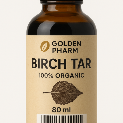 Bottle of Golden Pharm Birch Tar on a white background