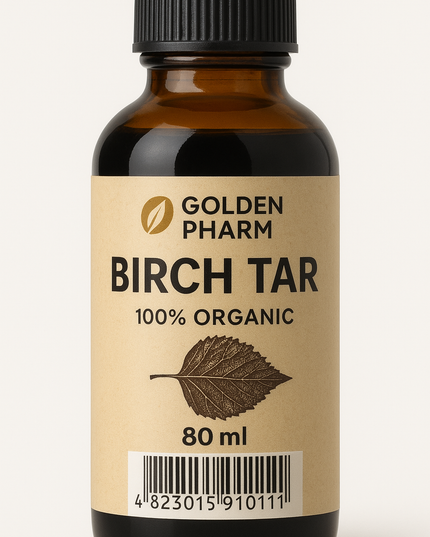 Bottle of Golden Pharm Birch Tar on a white background