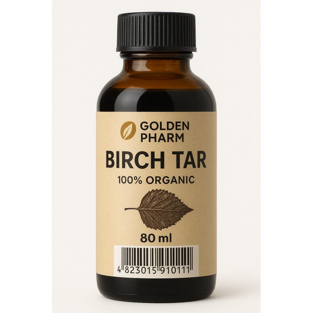 Bottle of Golden Pharm Birch Tar on a white background