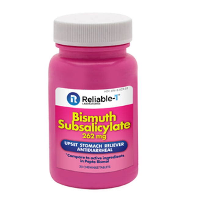 Pink bottle of Reliable Bismuth Subsalicylate on a white background