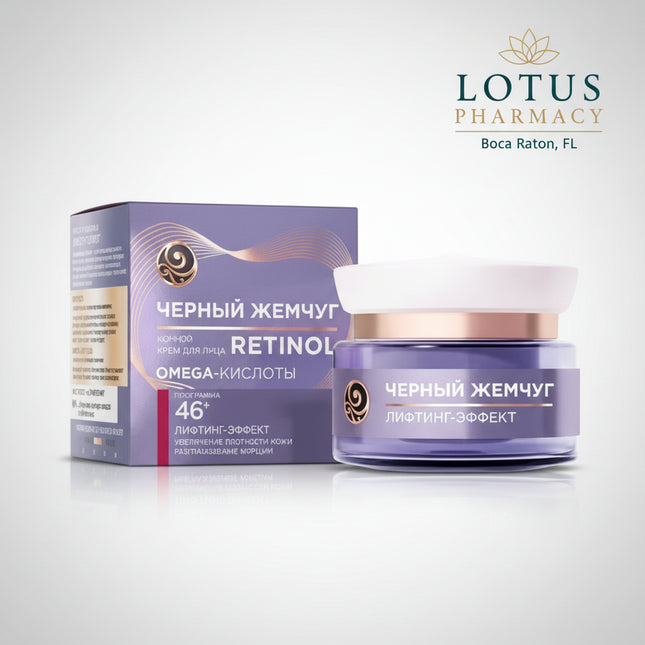 Black Pearl Retinol 46+ Night Face Cream (Крем Black Pearl С Ретинолом 46+ Ночной) is an overnight facial cream developed for the daily care of mature skin age 46+.

The night formula features retinol, a well-known cosmetic ingredient used in anti-aging skincare to support skin renewal and improve the appearance of fine lines, wrinkles, uneven texture, and loss of firmness.