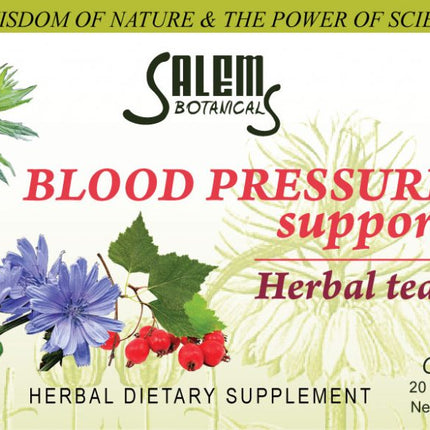 Salem Botanical Blood Pressure Support Herbal Tea packaging with herbs and branding.