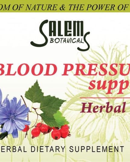 Salem Botanical Blood Pressure Support Herbal Tea packaging with herbs and branding.
