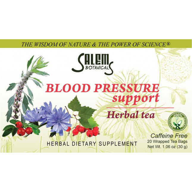 Salem Botanical Blood Pressure Support Herbal Tea packaging with herbs and branding.