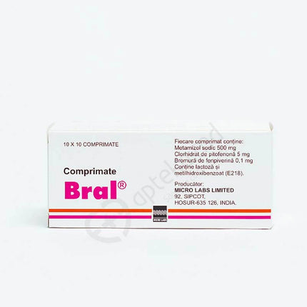 Box of Comprimate Bral with branding and product details on a white background