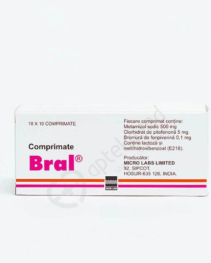 Box of Comprimate Bral with branding and product details on a white background