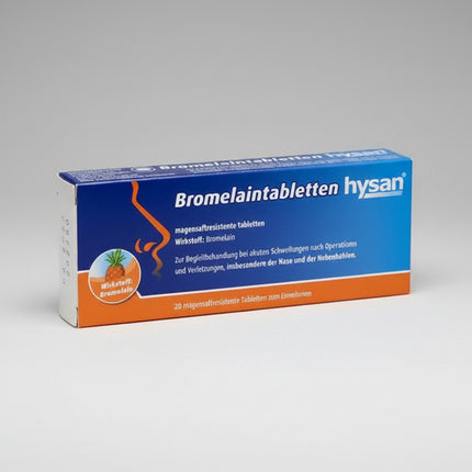 Bromelaintabletten hysan® is a herbal medicinal product containing bromelain, a natural enzyme extracted from the pineapple stem. The gastro-resistant tablets are specially formulated to protect bromelain from stomach acid, allowing it to reach the small intestine intact for optimal absorption. Bromelain helps reduce swelling of the nasal and sinus mucosa, relieving pressure and discomfort associated with colds and sinus inflammation. It is also used as supportive therapy for acute swelling after surgery or