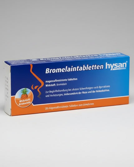 Bromelaintabletten hysan® is a herbal medicinal product containing bromelain, a natural enzyme extracted from the pineapple stem. The gastro-resistant tablets are specially formulated to protect bromelain from stomach acid, allowing it to reach the small intestine intact for optimal absorption. Bromelain helps reduce swelling of the nasal and sinus mucosa, relieving pressure and discomfort associated with colds and sinus inflammation. It is also used as supportive therapy for acute swelling after surgery or