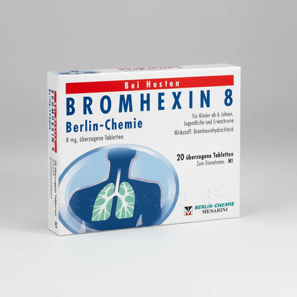 Bromhexine 8 mg tablets from Berlin-Chemie are a mucolytic (mucus-loosening) medication used to help thin and loosen thick respiratory mucus, making it easier to expel during coughing. These tablets are commonly used in adults and older children for productive coughs associated with respiratory conditions such as bronchitis, common cold, and other respiratory tract infections where viscous sputum impairs airway clearance.

