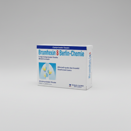 Bromhexine 8 mg tablets from Berlin-Chemie are a mucolytic (mucus-loosening) medication used to help thin and loosen thick respiratory mucus, making it easier to expel during coughing. These tablets are commonly used in adults and older children for productive coughs associated with respiratory conditions such as bronchitis, common cold, and other respiratory tract infections where viscous sputum impairs airway clearance.
