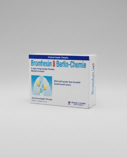 Bromhexine 8 mg tablets from Berlin-Chemie are a mucolytic (mucus-loosening) medication used to help thin and loosen thick respiratory mucus, making it easier to expel during coughing. These tablets are commonly used in adults and older children for productive coughs associated with respiratory conditions such as bronchitis, common cold, and other respiratory tract infections where viscous sputum impairs airway clearance.
